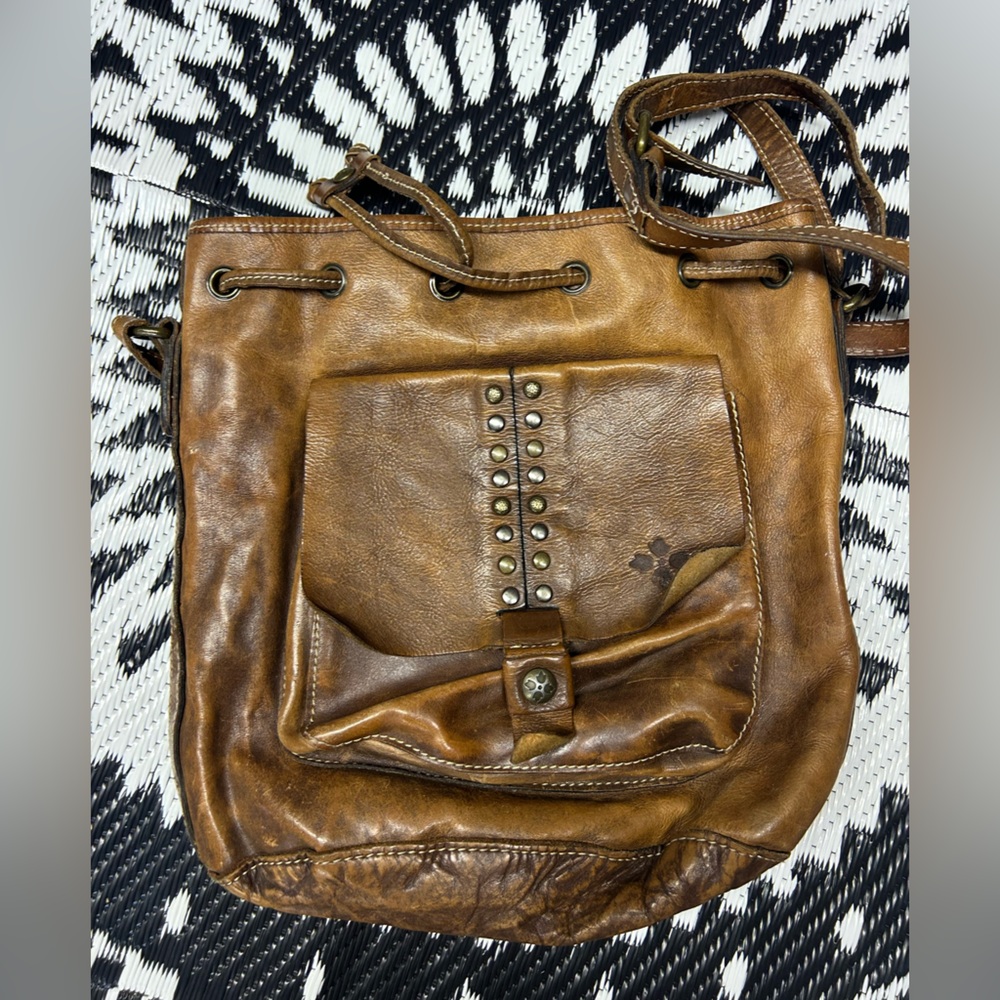 Patricia Nash Tan Drawstring Italian Leather Bucket Bag